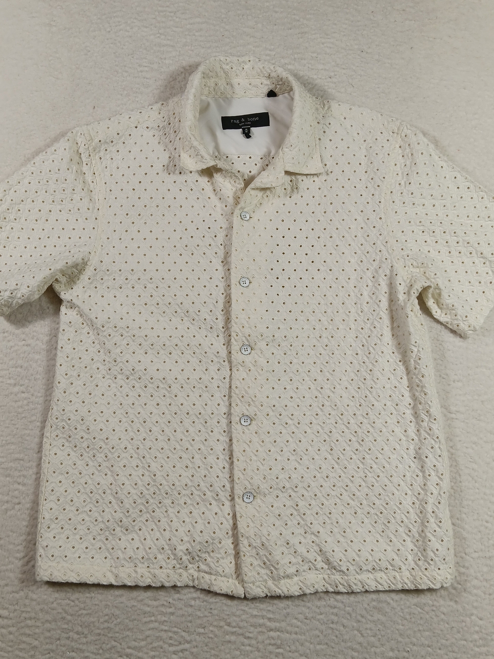 Rag & Bone Camp Shirt Mens Medium  Cream Avery Eyelet Geometric Embroidered